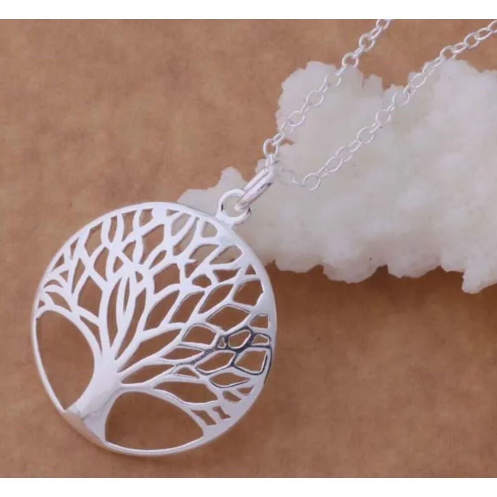 .925 Sterling Silver Tree of Life Round Pendant 16" Fine Chain Necklace